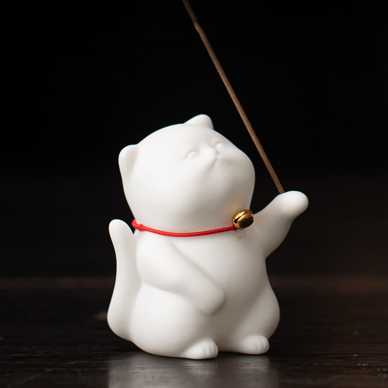 Buddha Stones Campana di gatto Tappetino di bambù Bruciatore di incenso in ceramica curativo Decorazione da scrivania