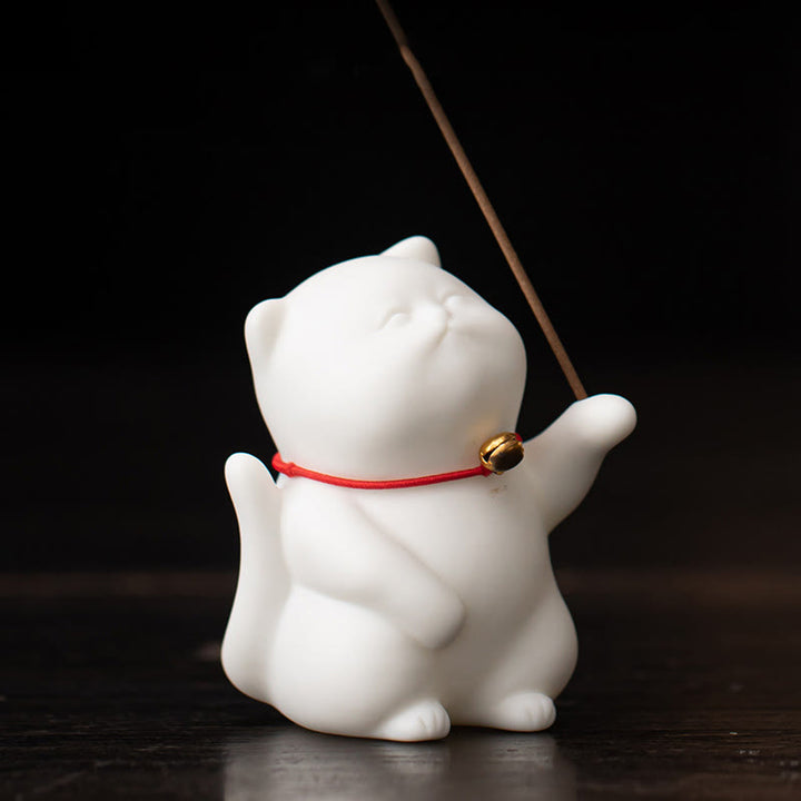 Buddha Stones Campana di gatto Tappetino di bambù Bruciatore di incenso in ceramica curativo Decorazione da scrivania