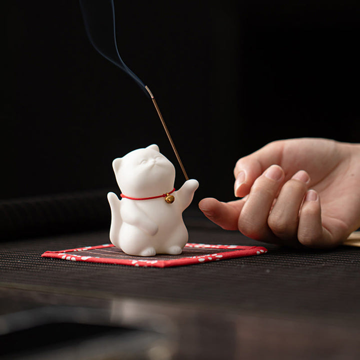 Buddha Stones Campana di gatto Tappetino di bambù Bruciatore di incenso in ceramica curativo Decorazione da scrivania