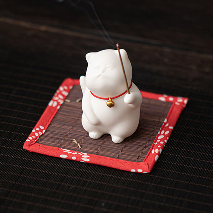 Buddha Stones Campana di gatto Tappetino di bambù Bruciatore di incenso in ceramica curativo Decorazione da scrivania