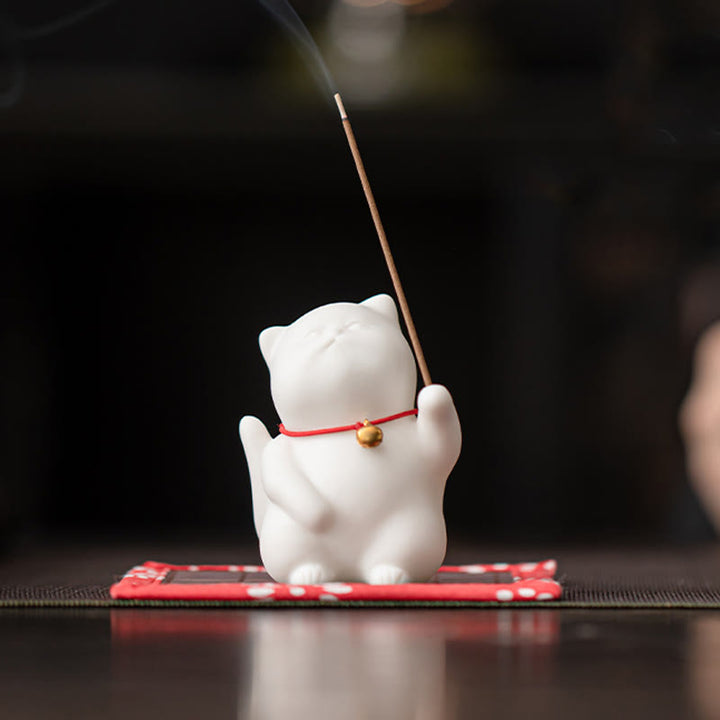 Buddha Stones Campana di gatto Tappetino di bambù Bruciatore di incenso in ceramica curativo Decorazione da scrivania