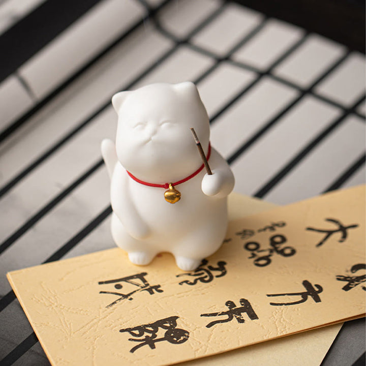 Buddha Stones Campana di gatto Tappetino di bambù Bruciatore di incenso in ceramica curativo Decorazione da scrivania