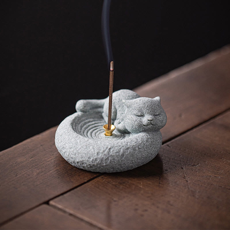 Buddha Stones Carino Gatto Pigro in Piedi Bruciatore di Incenso Guarigione Decorazione da Scrivania