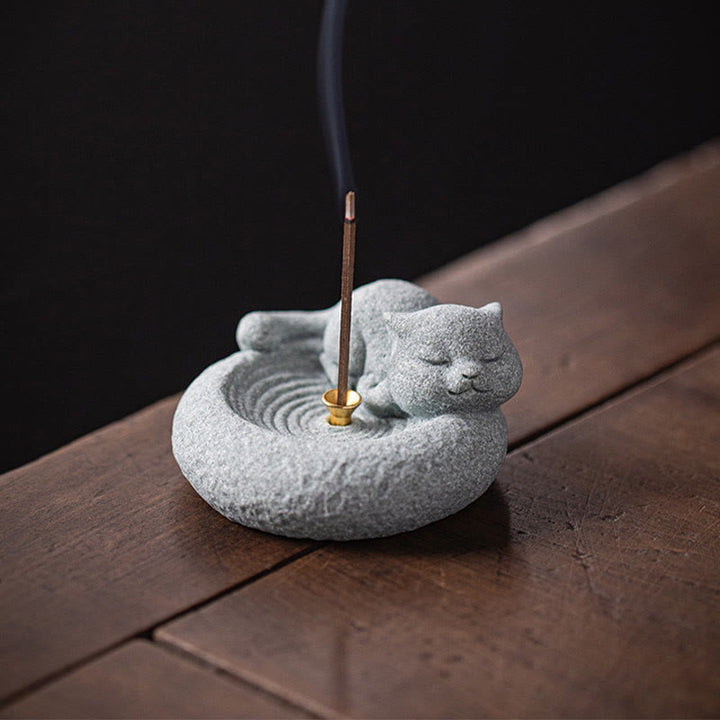Buddha Stones Carino Gatto Pigro in Piedi Bruciatore di Incenso Guarigione Decorazione da Scrivania