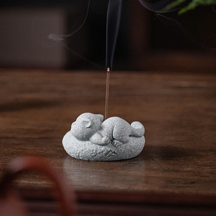Buddha Stones Carino Gatto Pigro in Piedi Bruciatore di Incenso Guarigione Decorazione da Scrivania
