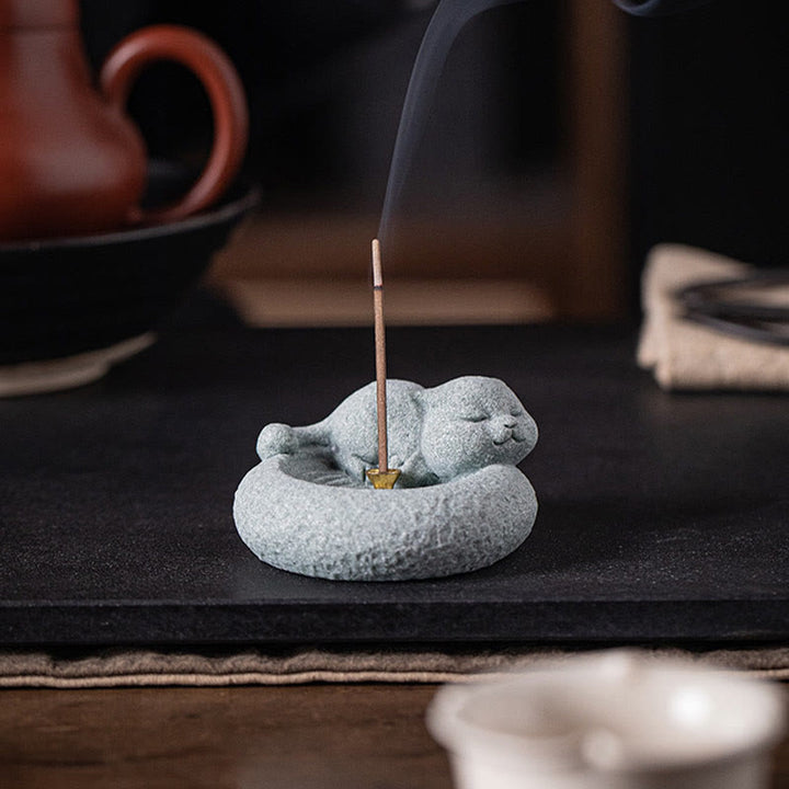 Buddha Stones Carino Gatto Pigro in Piedi Bruciatore di Incenso Guarigione Decorazione da Scrivania