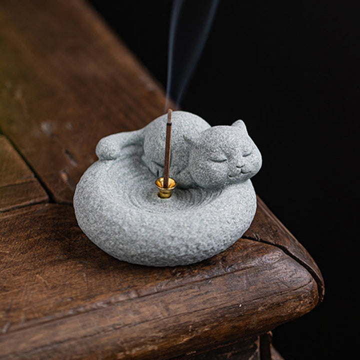 Buddha Stones Carino Gatto Pigro in Piedi Bruciatore di Incenso Guarigione Decorazione da Scrivania
