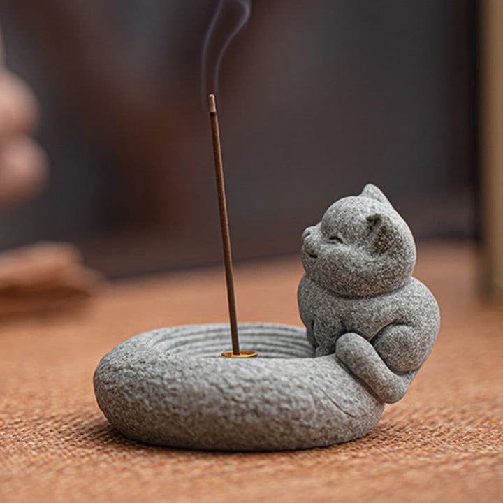 Buddha Stones Carino Gatto Pigro in Piedi Bruciatore di Incenso Guarigione Decorazione da Scrivania