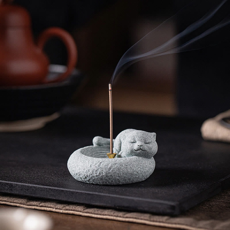 Buddha Stones Carino Gatto Pigro in Piedi Bruciatore di Incenso Guarigione Decorazione da Scrivania
