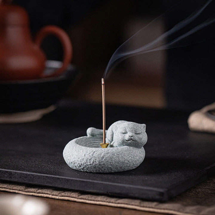Buddha Stones Carino Gatto Pigro in Piedi Bruciatore di Incenso Guarigione Decorazione da Scrivania