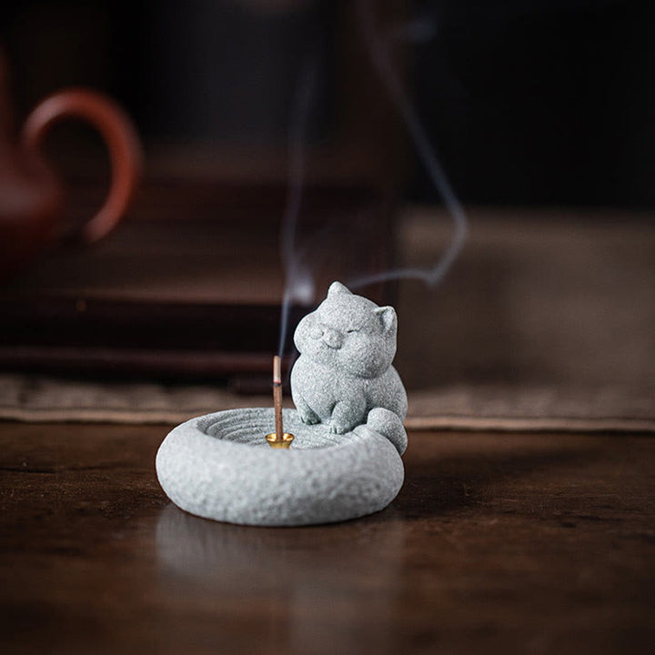 Buddha Stones Carino Gatto Pigro in Piedi Bruciatore di Incenso Guarigione Decorazione da Scrivania