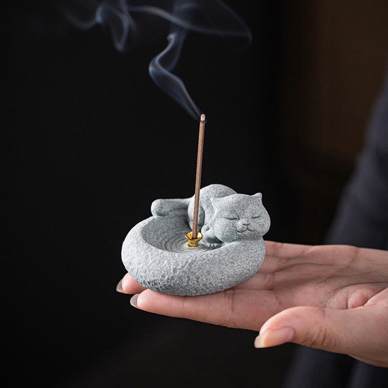 Buddha Stones Carino Gatto Pigro in Piedi Bruciatore di Incenso Guarigione Decorazione da Scrivania