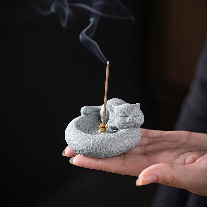 Buddha Stones Carino Gatto Pigro in Piedi Bruciatore di Incenso Guarigione Decorazione da Scrivania