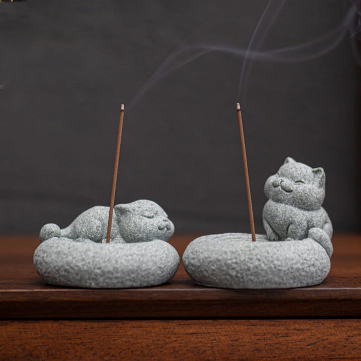 Buddha Stones Carino Gatto Pigro in Piedi Bruciatore di Incenso Guarigione Decorazione da Scrivania