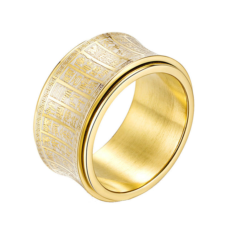Anello di equilibrio girevole in acciaio al titanio con sigillo tibetano Buddha Stones mantra di luce dorata