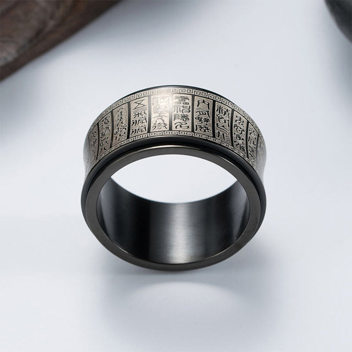 Anello di equilibrio girevole in acciaio al titanio con sigillo tibetano Buddha Stones mantra di luce dorata