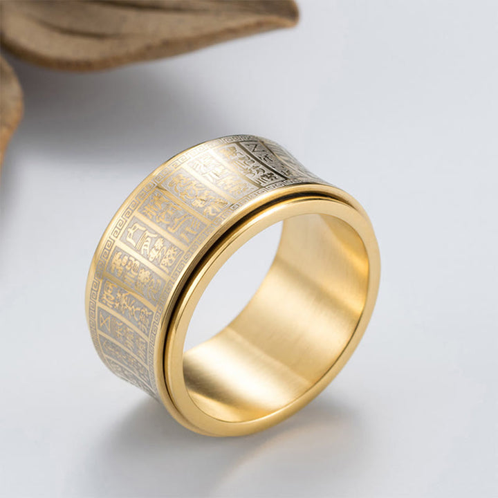 Anello di equilibrio girevole in acciaio al titanio con sigillo tibetano Buddha Stones mantra di luce dorata