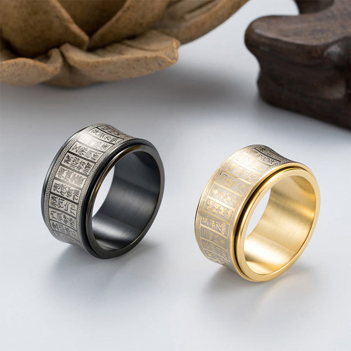 Anello di equilibrio girevole in acciaio al titanio con sigillo tibetano Buddha Stones mantra di luce dorata