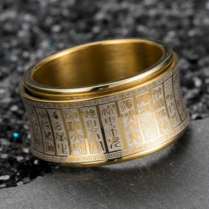 Anello di equilibrio girevole in acciaio al titanio con sigillo tibetano Buddha Stones mantra di luce dorata