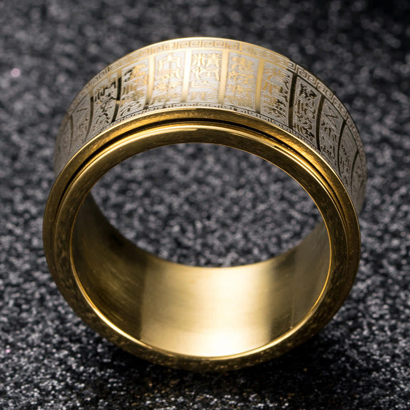 Anello di equilibrio girevole in acciaio al titanio con sigillo tibetano Buddha Stones mantra di luce dorata