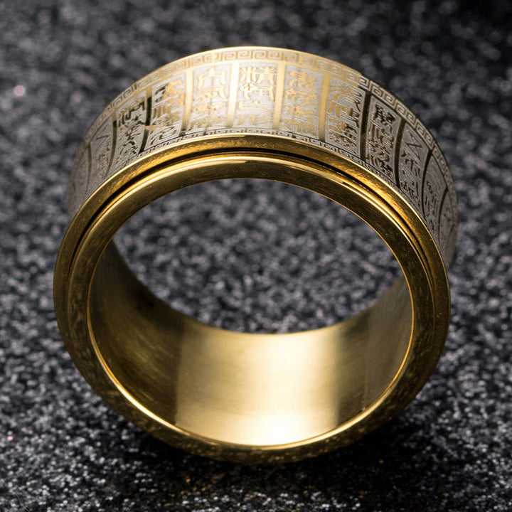 Anello di equilibrio girevole in acciaio al titanio con sigillo tibetano Buddha Stones mantra di luce dorata
