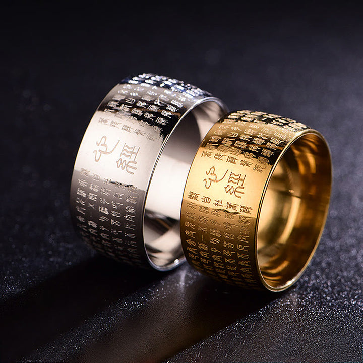 Anello di equilibrio in acciaio al titanio con sigillo tibetano del cuore Buddha Stones