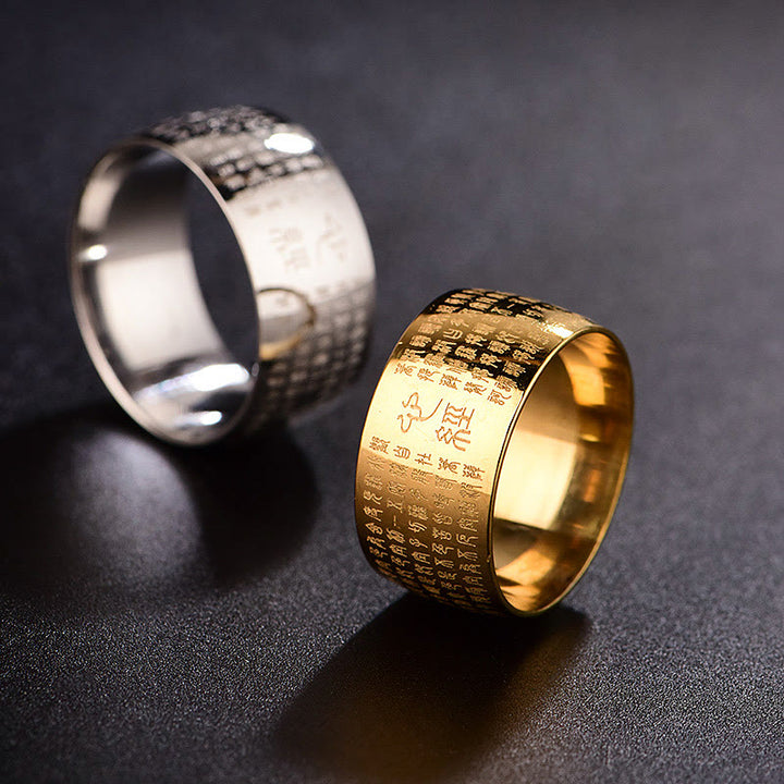 Anello di equilibrio in acciaio al titanio con sigillo tibetano del cuore Buddha Stones
