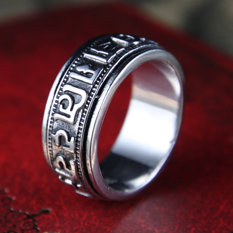 Anello di equilibrio girevole in acciaio al titanio Buddha Stones tibetane Om Mani Padme Hum