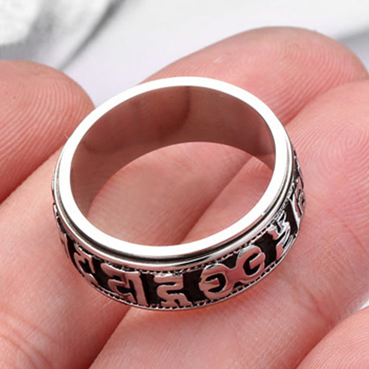 Anello di equilibrio girevole in acciaio al titanio Buddha Stones tibetane Om Mani Padme Hum