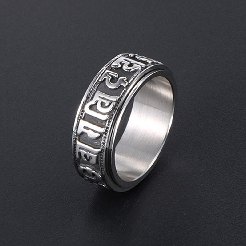 Anello di equilibrio girevole in acciaio al titanio Buddha Stones tibetane Om Mani Padme Hum