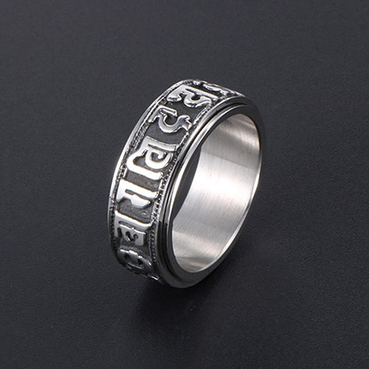 Anello di equilibrio girevole in acciaio al titanio Buddha Stones tibetane Om Mani Padme Hum