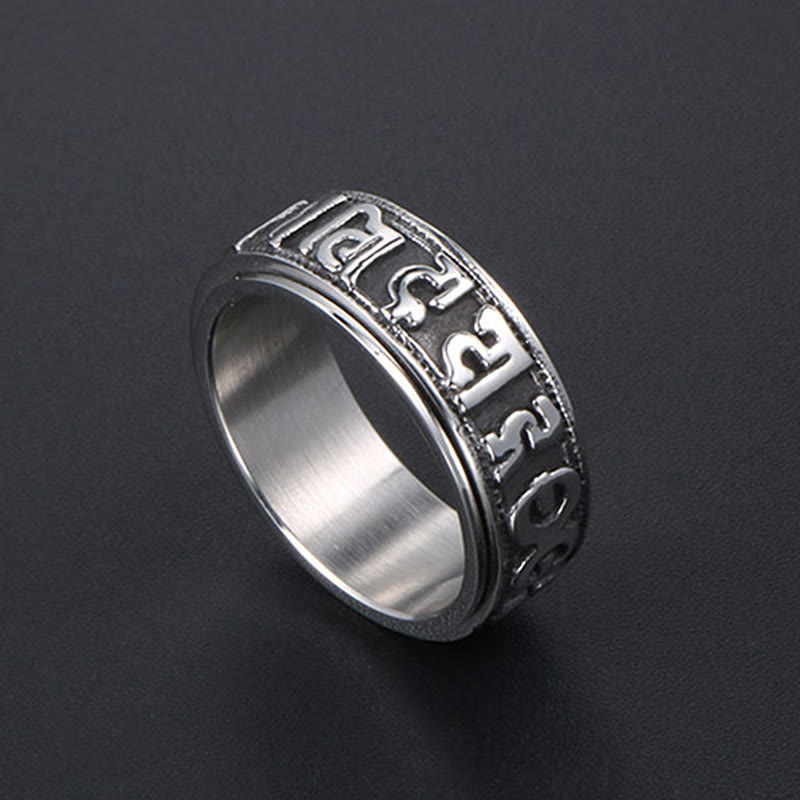 Anello di equilibrio girevole in acciaio al titanio Buddha Stones tibetane Om Mani Padme Hum