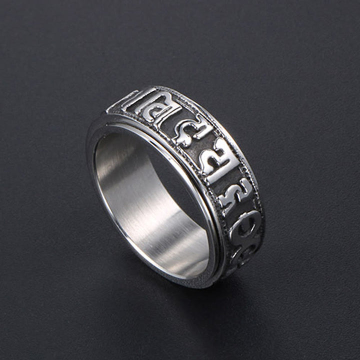 Anello di equilibrio girevole in acciaio al titanio Buddha Stones tibetane Om Mani Padme Hum