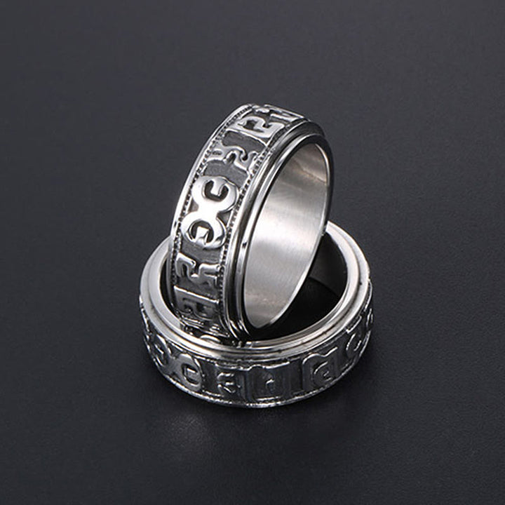 Anello di equilibrio girevole in acciaio al titanio Buddha Stones tibetane Om Mani Padme Hum