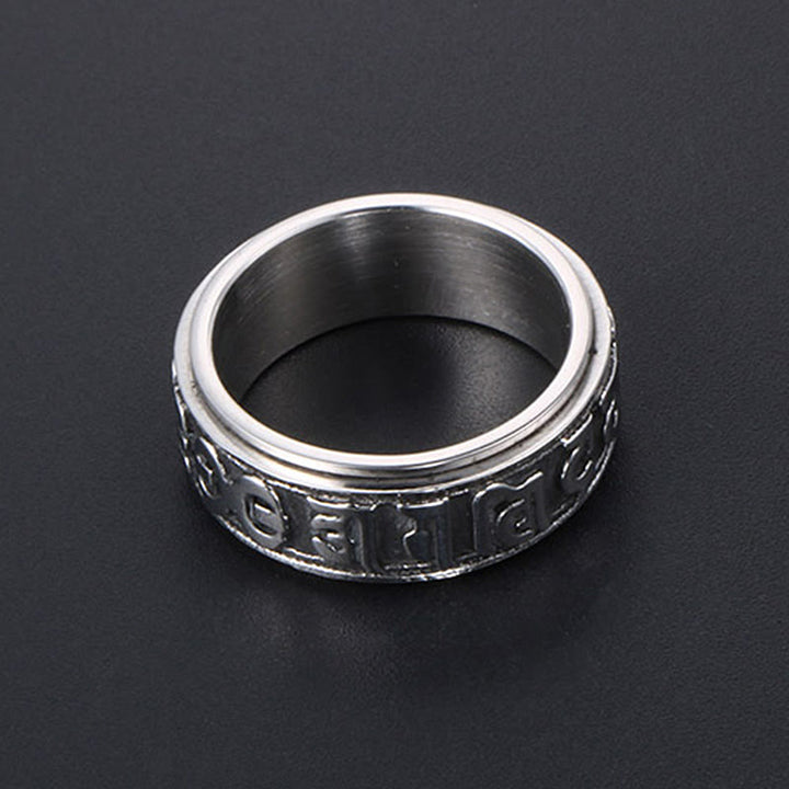Anello di equilibrio girevole in acciaio al titanio Buddha Stones tibetane Om Mani Padme Hum