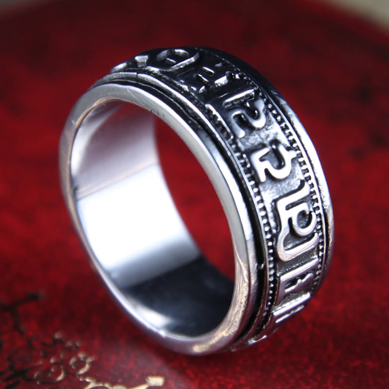 Anello di equilibrio girevole in acciaio al titanio Buddha Stones tibetane Om Mani Padme Hum