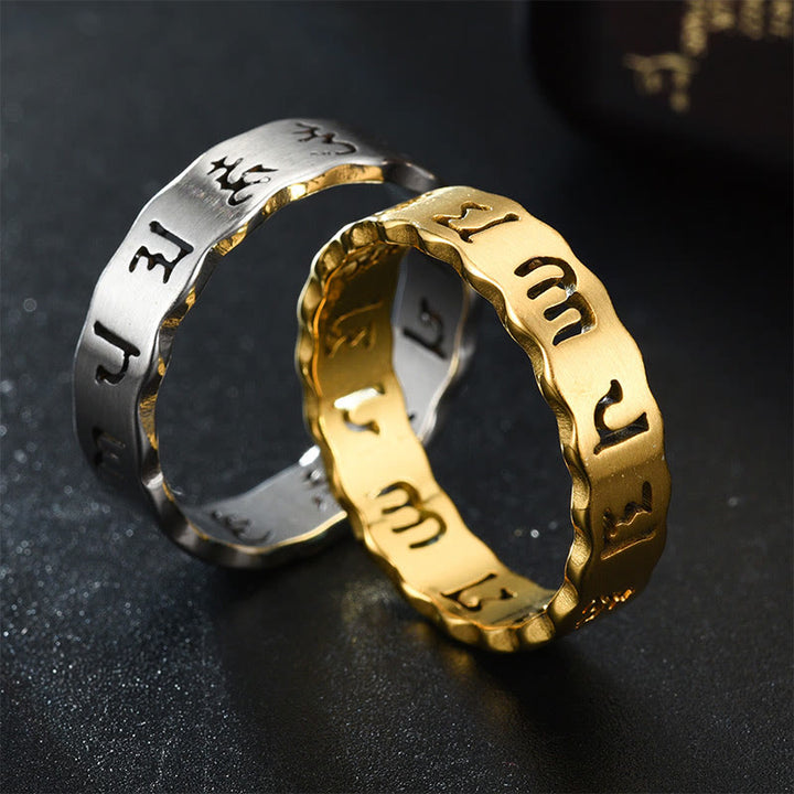 Anello di equilibrio in acciaio al titanio Buddha Stones tibetane cave Om Mani Padme Hum