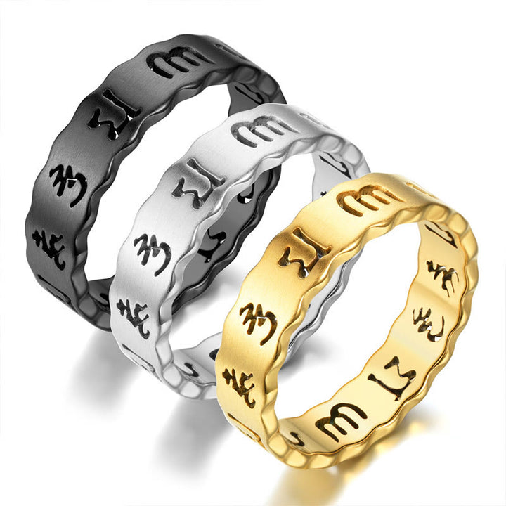 Anello di equilibrio in acciaio al titanio Buddha Stones tibetane cave Om Mani Padme Hum