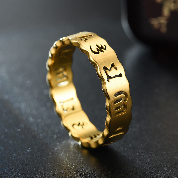 Anello di equilibrio in acciaio al titanio Buddha Stones tibetane cave Om Mani Padme Hum
