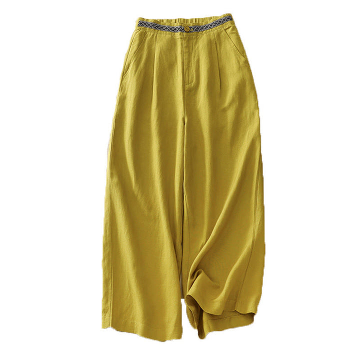 Pantaloni da donna in lino di cotone elasticizzato con tasche, tinta unita, bottoni anteriori e posteriori , Buddha Stones - image 16