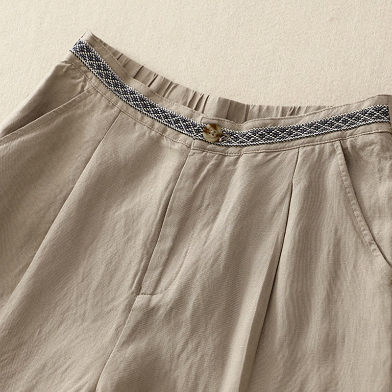 Pantaloni da donna in lino di cotone elasticizzato con tasche, tinta unita, bottoni anteriori e posteriori , Buddha Stones - image 18