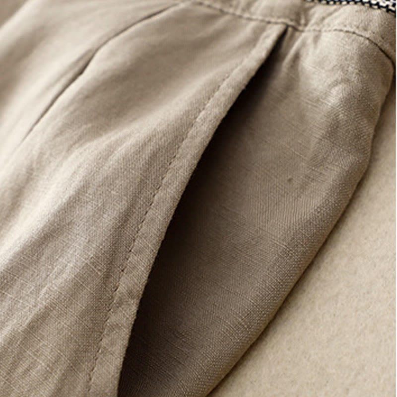 Pantaloni da donna in lino di cotone elasticizzato con tasche, tinta unita, bottoni anteriori e posteriori , Buddha Stones - image 20