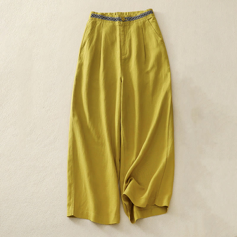 Pantaloni da donna in lino di cotone elasticizzato con tasche, tinta unita, bottoni anteriori e posteriori , Buddha Stones - Giallo - US8-10, UK/AU12-14, EU40-42 (2XL) - image 10