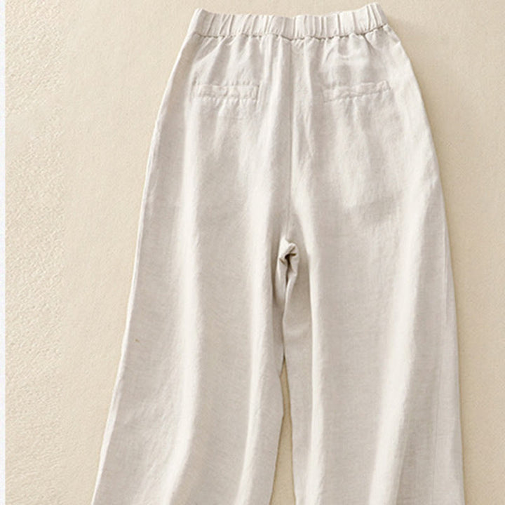 Pantaloni da donna in lino di cotone elasticizzato con tasche, tinta unita, bottoni anteriori e posteriori , Buddha Stones - image 3