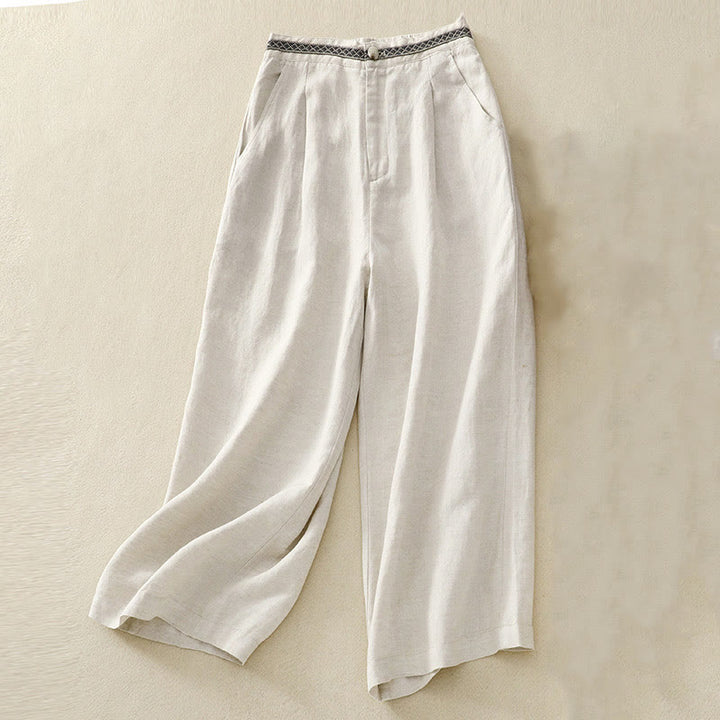 Pantaloni da donna in lino di cotone elasticizzato con tasche, tinta unita, bottoni anteriori e posteriori , Buddha Stones - Beige - US8-10, UK/AU12-14, EU40-42 (2XL) - image 0