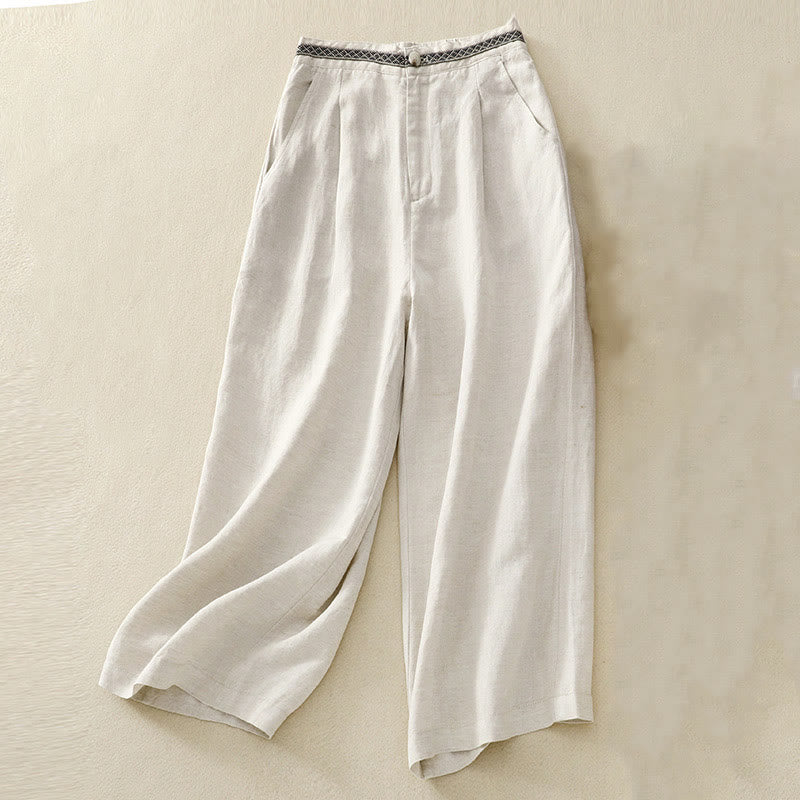 Pantaloni da donna in lino di cotone elasticizzato con tasche, tinta unita, bottoni anteriori e posteriori , Buddha Stones - Beige - US8-10, UK/AU12-14, EU40-42 (2XL) - image 0