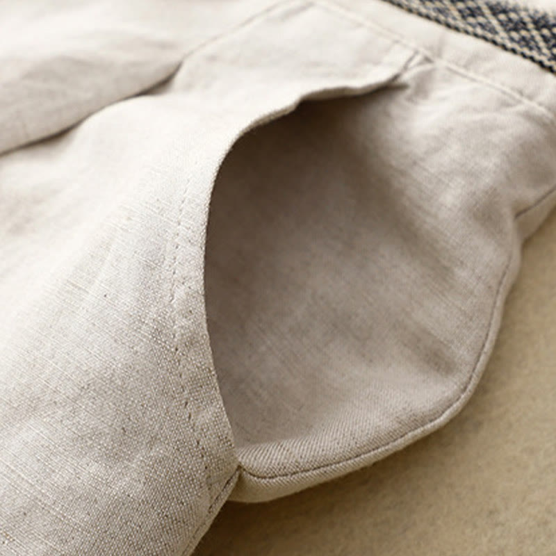 Pantaloni da donna in lino di cotone elasticizzato con tasche, tinta unita, bottoni anteriori e posteriori , Buddha Stones - image 8