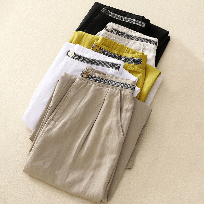 Pantaloni da donna in lino di cotone elasticizzato con tasche, tinta unita, bottoni anteriori e posteriori , Buddha Stones - image 1
