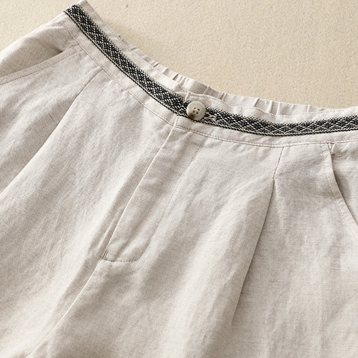 Pantaloni da donna in lino di cotone elasticizzato con tasche, tinta unita, bottoni anteriori e posteriori , Buddha Stones - image 4