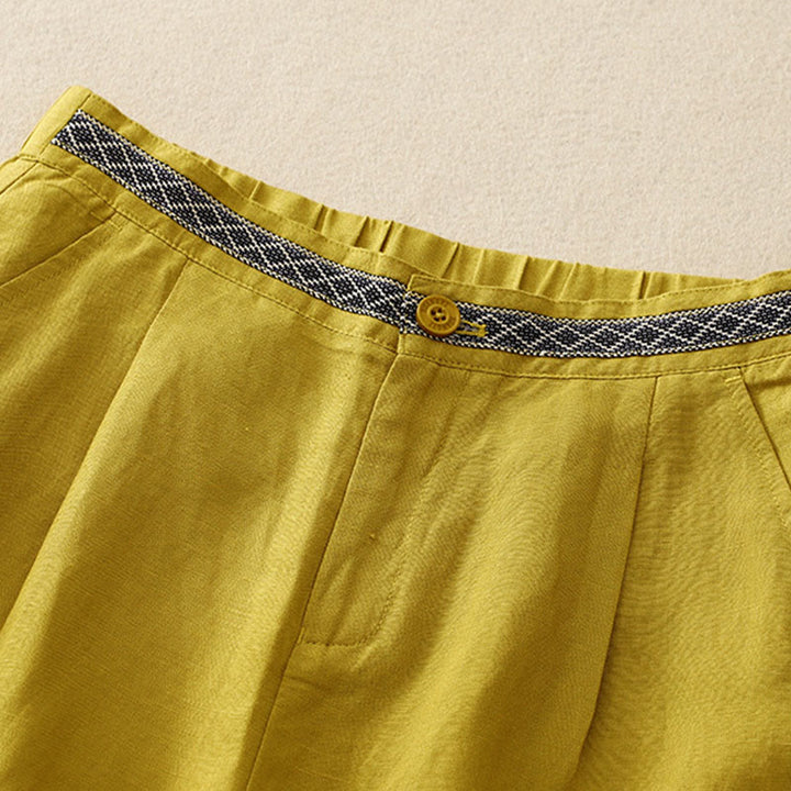 Pantaloni da donna in lino di cotone elasticizzato con tasche, tinta unita, bottoni anteriori e posteriori , Buddha Stones - image 11